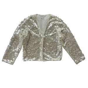 H&M Girl’s Sz 8-10 Cream All Over Irridescent Sequins Tulle 3/4 Sleeves Cardigan